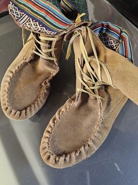 Steve Madden Brown Suede Moccasin Boots with Colorful Textile Cuff